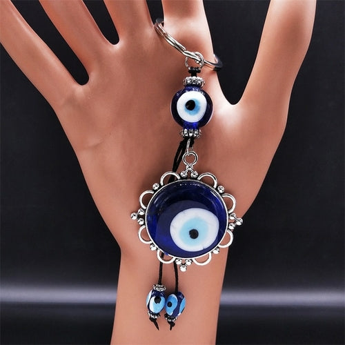 Hamsa Hand Turkish Blue Eye Alloy Keychain Women Evil Eyes Silver