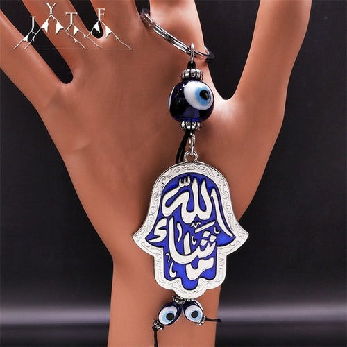 Hamsa Hand Turkish Blue Eye Alloy Keychain Women Evil Eyes Silver