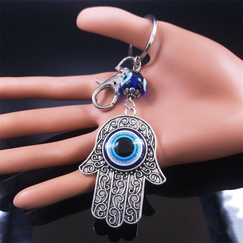 Hamsa Hand Turkish Blue Eye Alloy Keychain Women Evil Eyes Silver