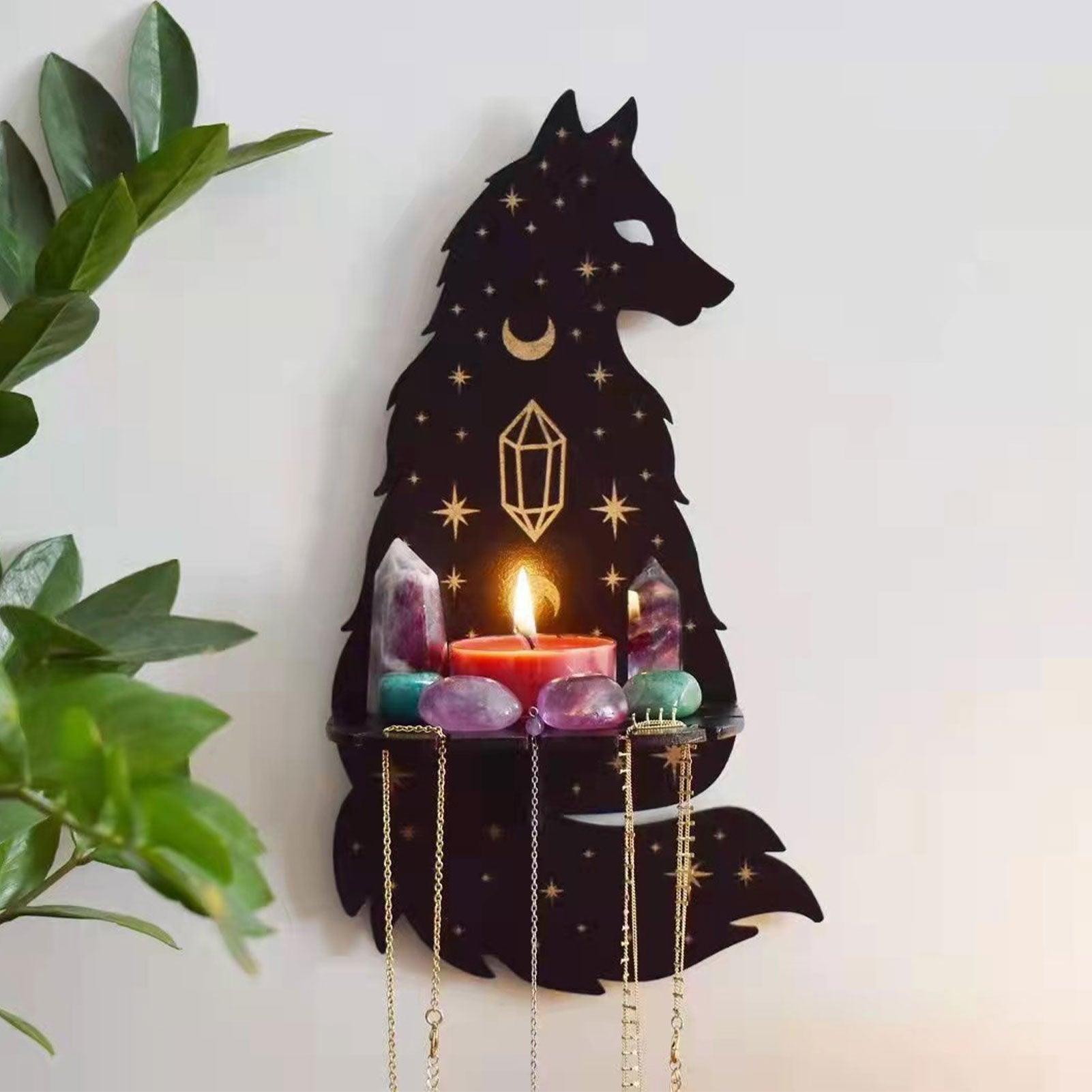 Wolf Hamsa Hand Owl Wood Wall Shelf Crystal Holder Essential Oil