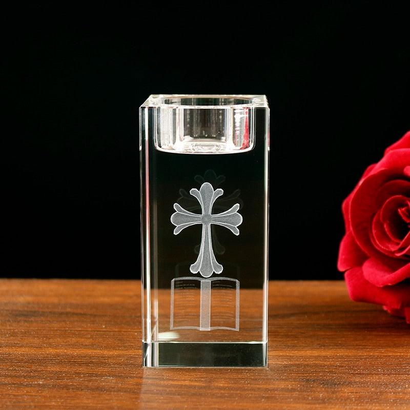 European Antique Clear Crystal Candle Holder Laser Engraving Cross