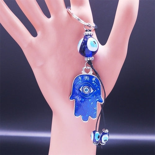 Hamsa Hand Turkish Blue Eye Alloy Keychain Women Evil Eyes Silver
