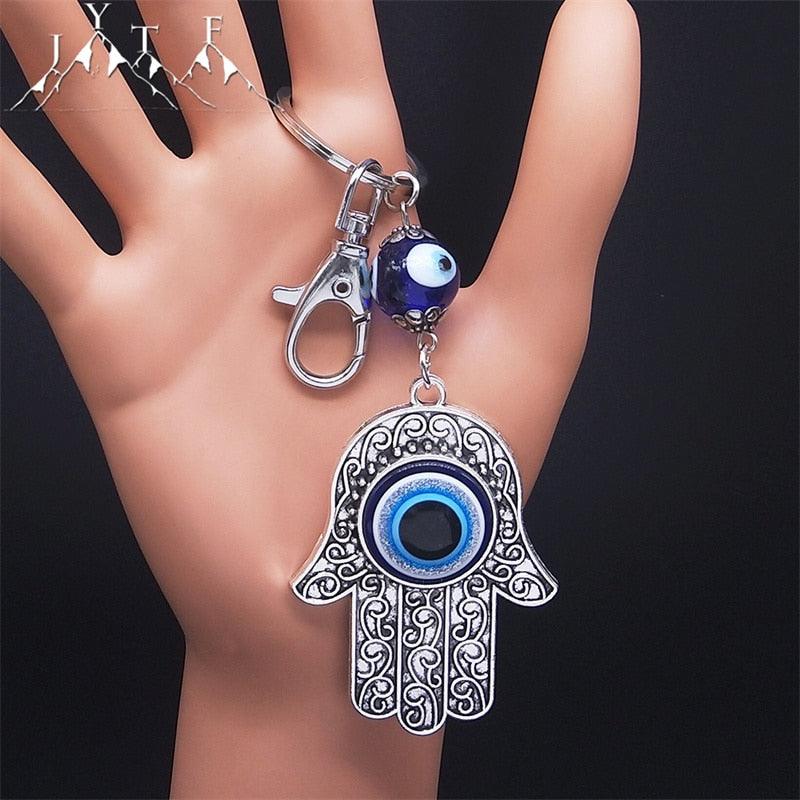 Hamsa Hand Turkish Blue Eye Alloy Keychain Women Evil Eyes Silver