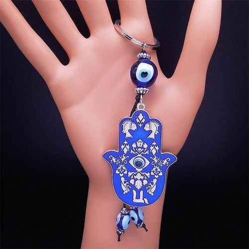 Hamsa Hand Turkish Blue Eye Alloy Keychain Women Evil Eyes Silver