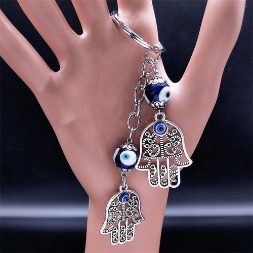 Hamsa Hand Turkish Blue Eye Alloy Keychain Women Evil Eyes Silver