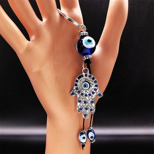 Hamsa Hand Turkish Blue Eye Alloy Keychain Women Evil Eyes Silver