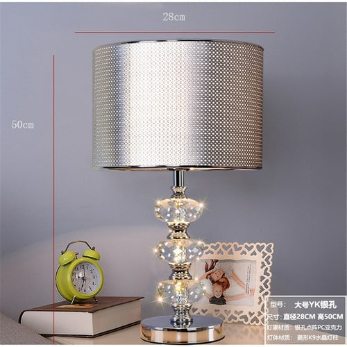 American Luxury Crystal Gourd Silver Pvc Shade Led Table Lamp Living