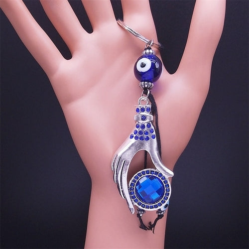 Hamsa Hand Turkish Blue Eye Alloy Keychain Women Evil Eyes Silver