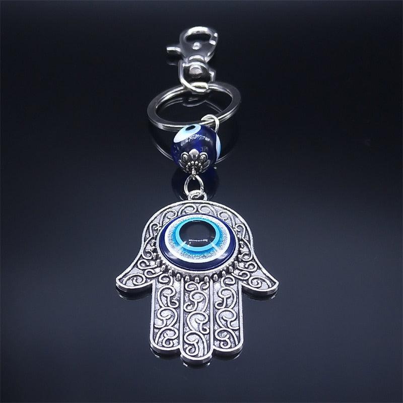 Hamsa Hand Turkish Blue Eye Alloy Keychain Women Evil Eyes Silver