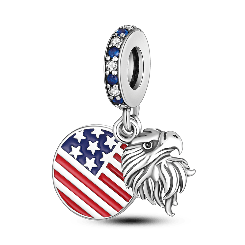 Silver Eagle And America Flag Dangle 925 Sterling Silver Statue Of