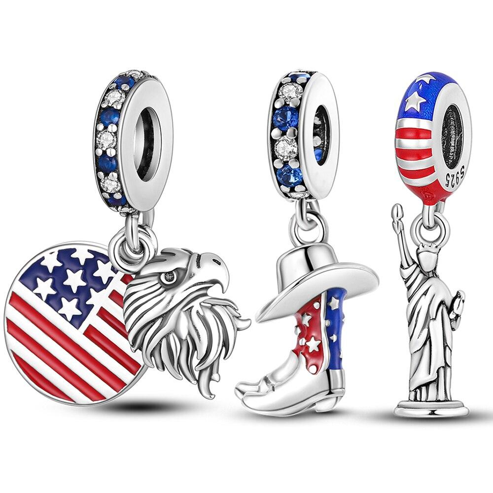 Silver Eagle And America Flag Dangle 925 Sterling Silver Statue Of