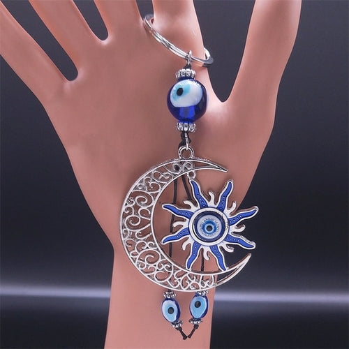 Hamsa Hand Turkish Blue Eye Alloy Keychain Women Evil Eyes Silver