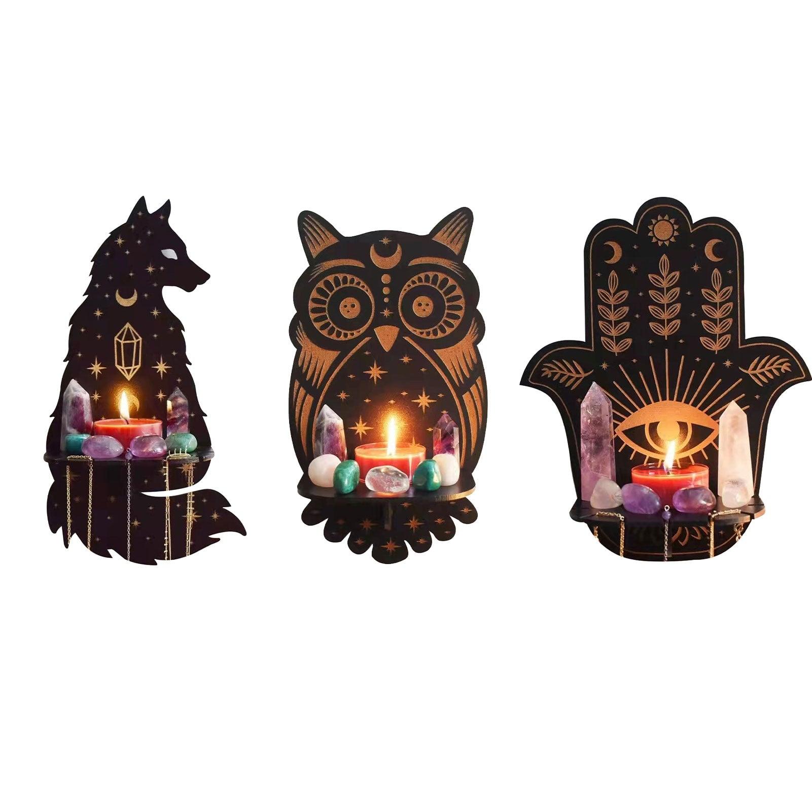 Wolf Hamsa Hand Owl Wood Wall Shelf Crystal Holder Essential Oil