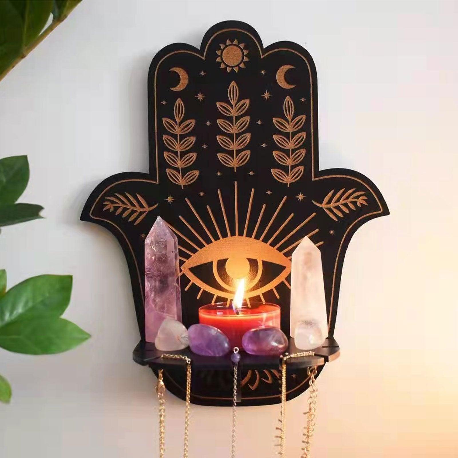 Wolf Hamsa Hand Owl Wood Wall Shelf Crystal Holder Essential Oil