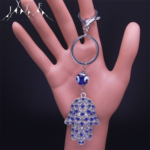 Hamsa Hand Turkish Blue Eye Alloy Keychain Women Evil Eyes Silver