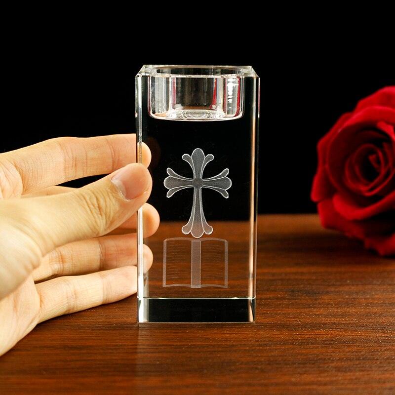 European Antique Clear Crystal Candle Holder Laser Engraving Cross