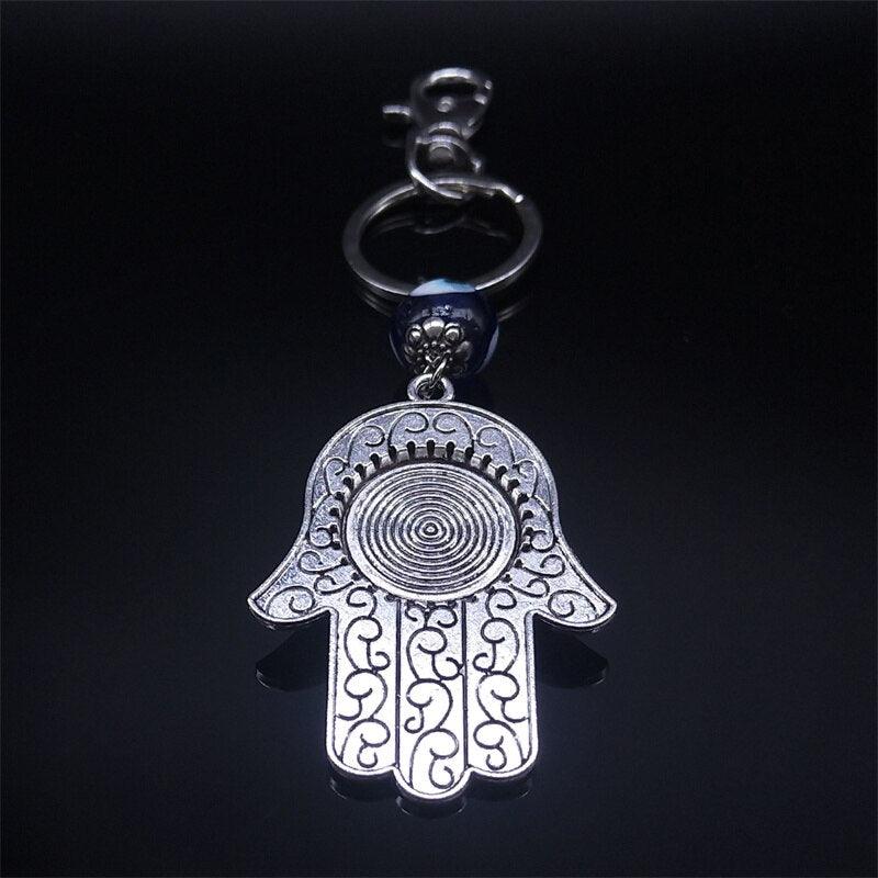 Hamsa Hand Turkish Blue Eye Alloy Keychain Women Evil Eyes Silver
