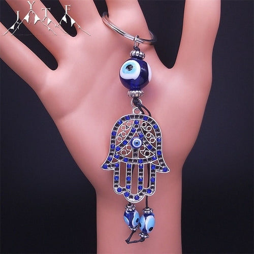 Hamsa Hand Turkish Blue Eye Alloy Keychain Women Evil Eyes Silver