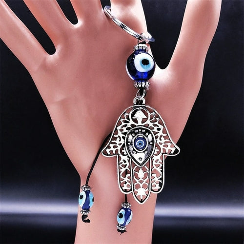 Hamsa Hand Turkish Blue Eye Alloy Keychain Women Evil Eyes Silver
