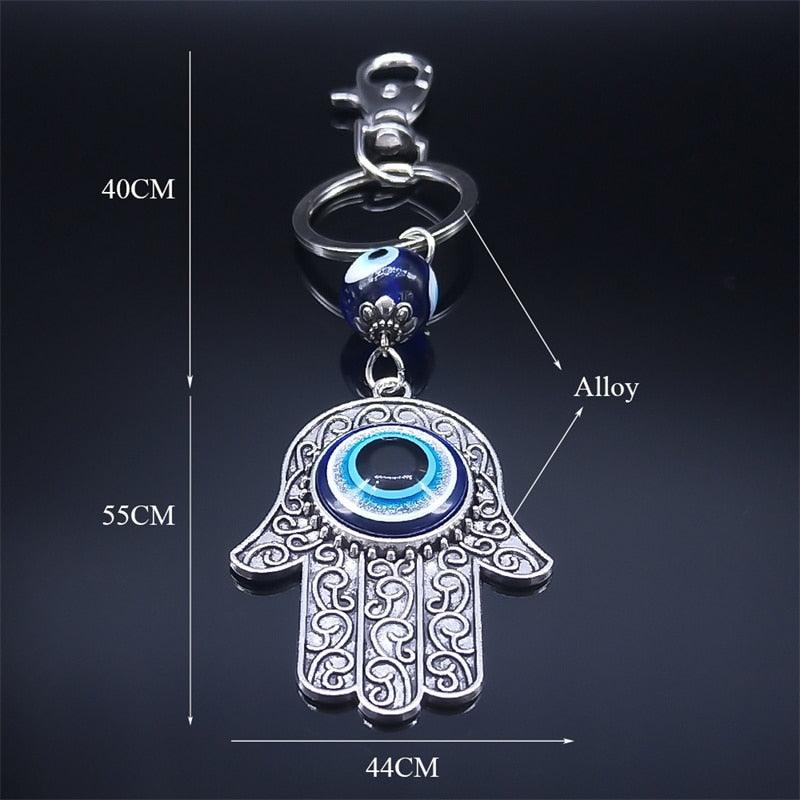 Hamsa Hand Turkish Blue Eye Alloy Keychain Women Evil Eyes Silver