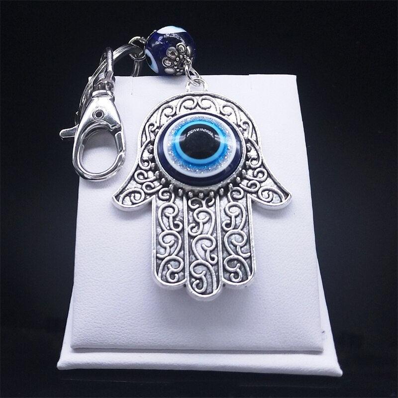 Hamsa Hand Turkish Blue Eye Alloy Keychain Women Evil Eyes Silver