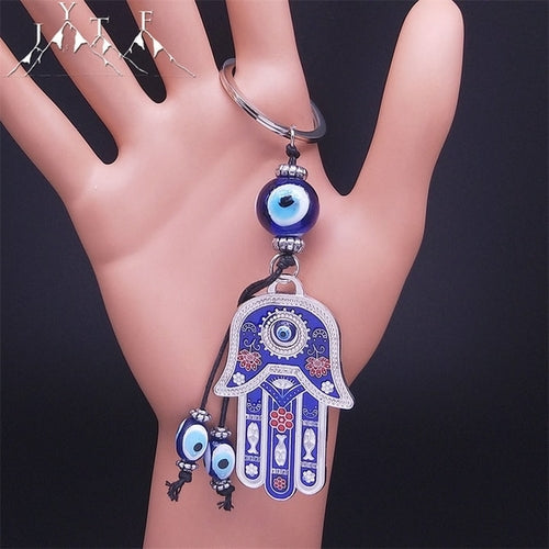 Hamsa Hand Turkish Blue Eye Alloy Keychain Women Evil Eyes Silver