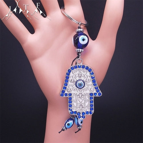 Hamsa Hand Turkish Blue Eye Alloy Keychain Women Evil Eyes Silver