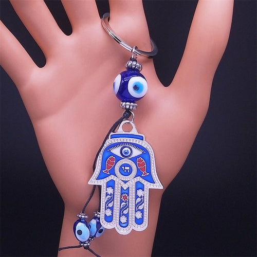 Hamsa Hand Turkish Blue Eye Alloy Keychain Women Evil Eyes Silver