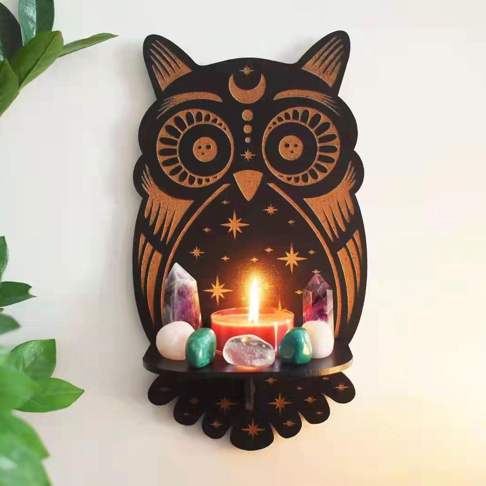 Wolf Hamsa Hand Owl Wood Wall Shelf Crystal Holder Essential Oil