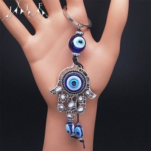 Hamsa Hand Turkish Blue Eye Alloy Keychain Women Evil Eyes Silver