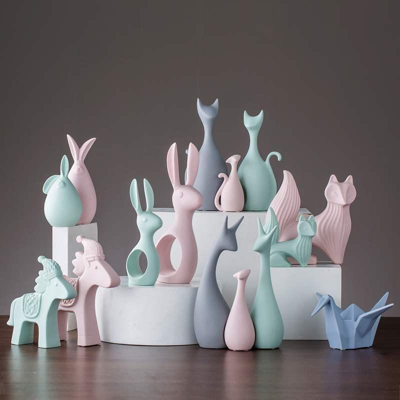 Macaron Ceramic Rabbit And Deer Figurines Ornaments