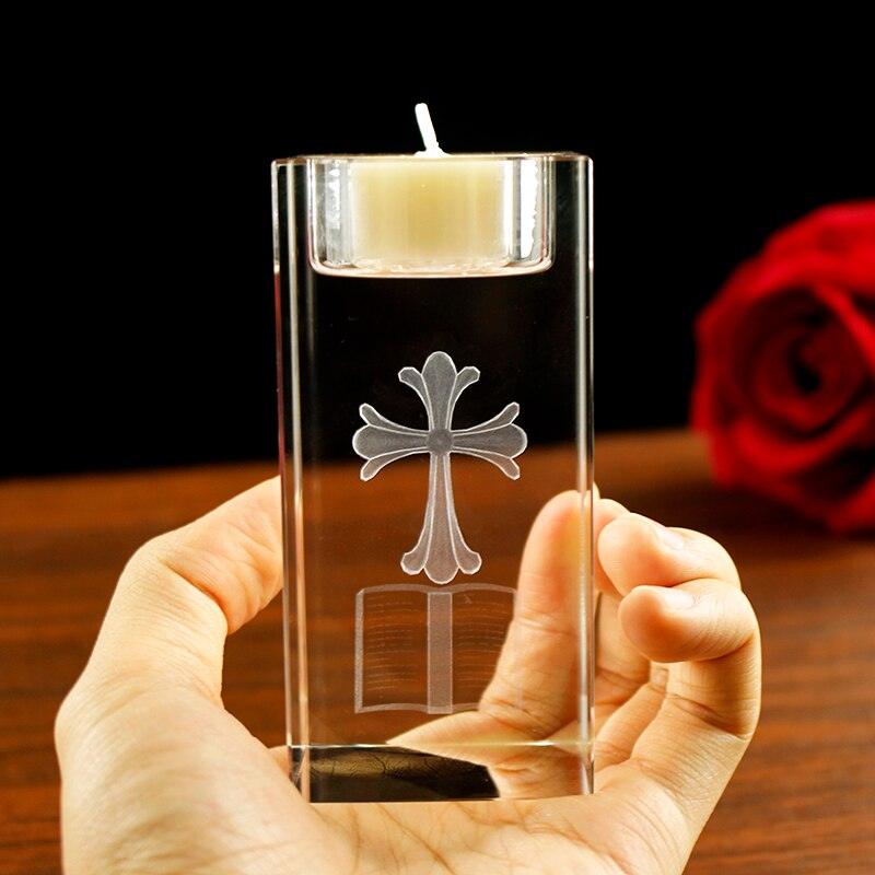 European Antique Clear Crystal Candle Holder Laser Engraving Cross