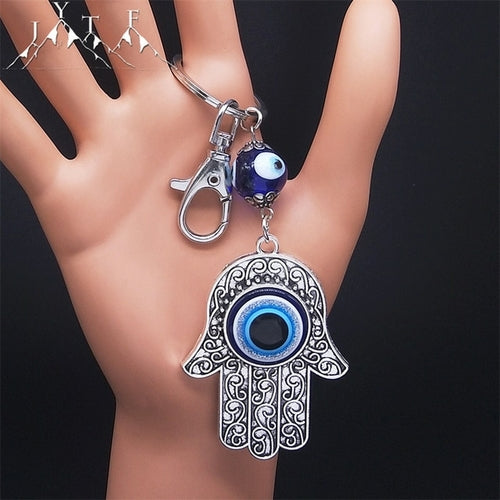 Hamsa Hand Turkish Blue Eye Alloy Keychain Women Evil Eyes Silver