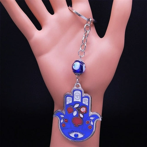 Hamsa Hand Turkish Blue Eye Alloy Keychain Women Evil Eyes Silver