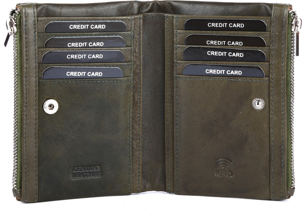 Picco MassimoWomen Green Genuine Leather RFID  Wallet - Mini(12 Card Slots)